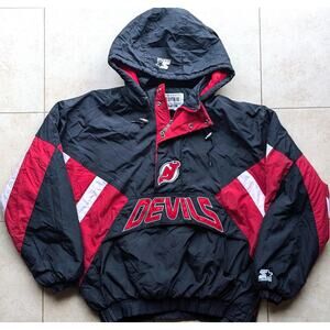 New Jersey Devils 90s STARTER puffer 1/2 jacket M pullover black red NHL vtg
